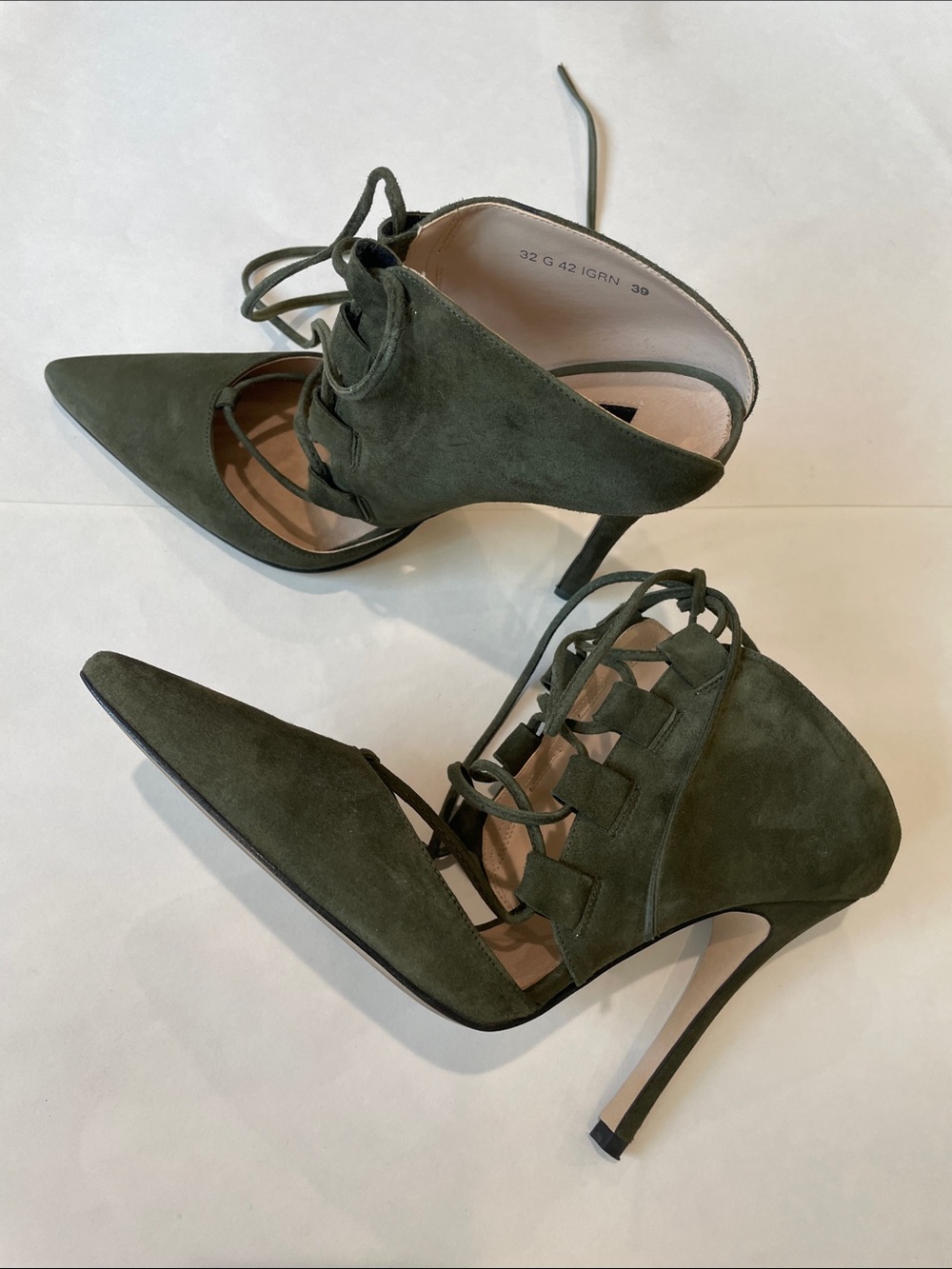 Topshop Olive Lace-Up Pointed Stiletto Heels, Size 8.5
